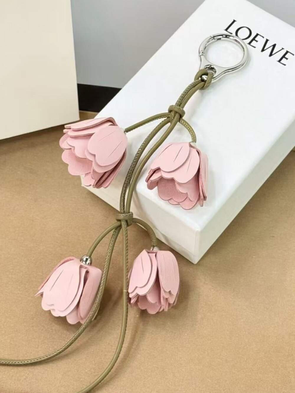 LOEWE Dusty Pink Tulip Leather Bag Charm Floral Keychain